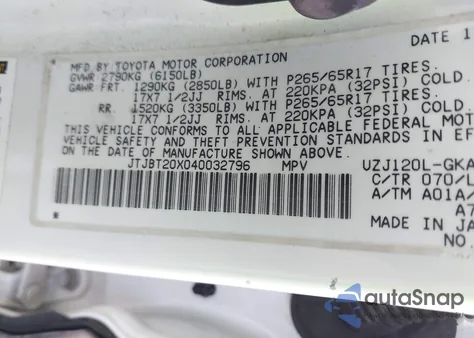 2004 Lexus Gx z USA, uszkodzony, nr VIN JTJBT20X040032796